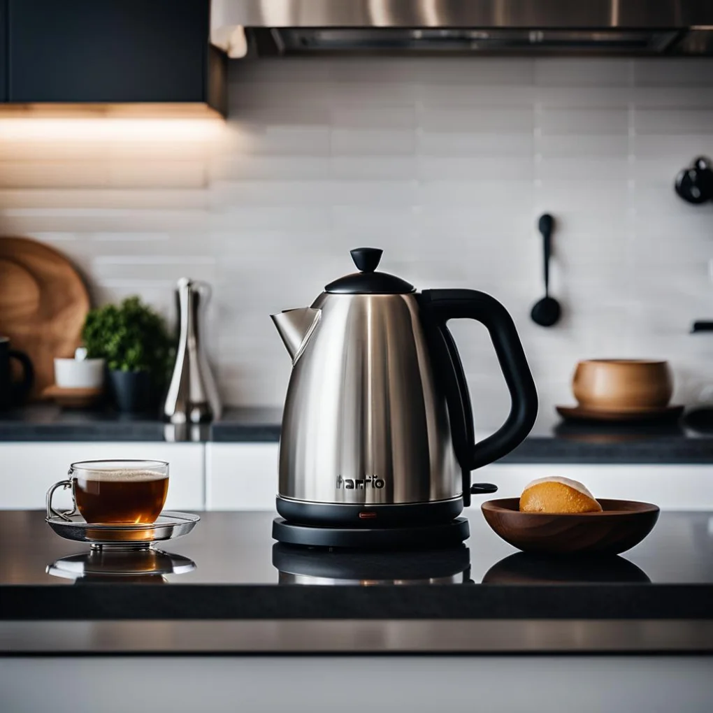 Stainless steel electric kettle beside a glass of tea on a kitchen counter