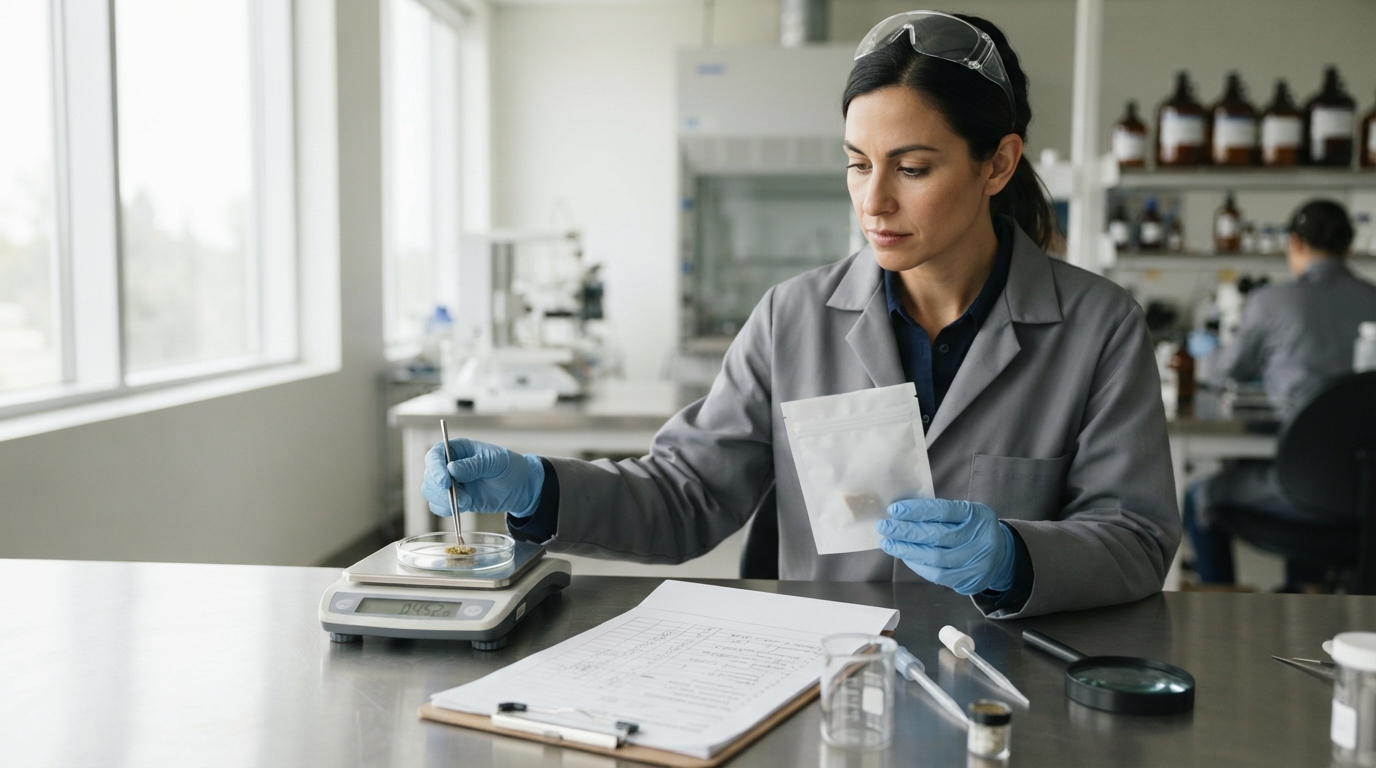 A pharmacist-like worker in a neutral lab coat checks an unbranded edible package and ingredient sheet at a clean, sunlit