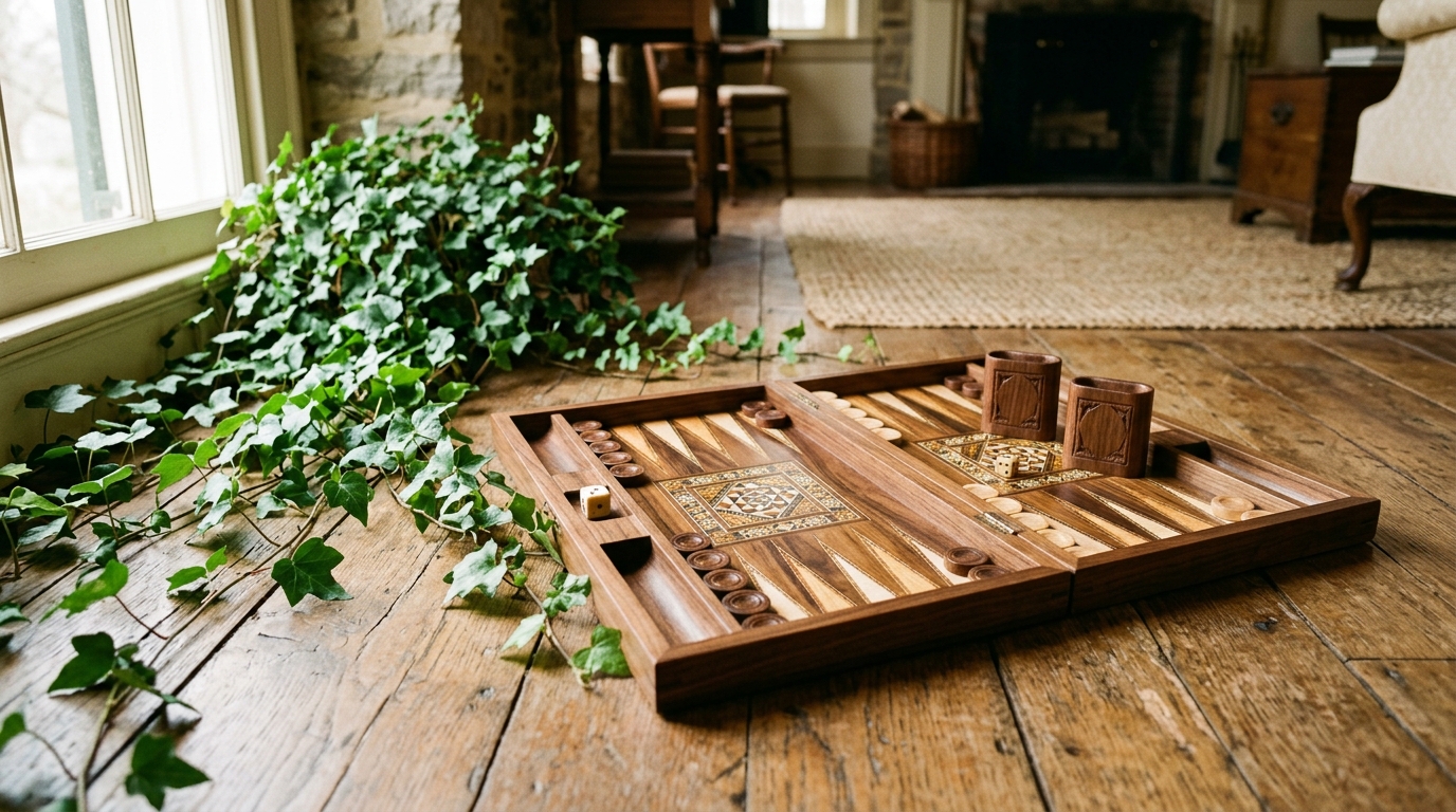 A handcrafted wooden backgammon board in play