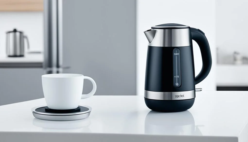 Portable electric kettle beside a white cup on a kitchen counter