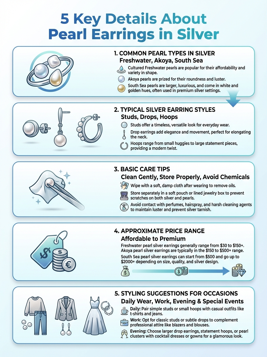 Infographic: 5 key details about pearl earrings in silver, including styles, settings, care, types, and price.