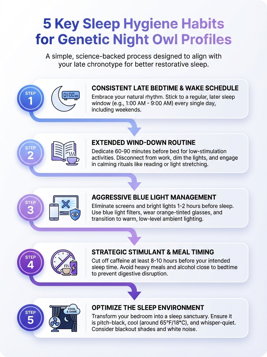 Infographic showing 5 key sleep hygiene habits for genetic night-owl profiles to improve sleep quality.