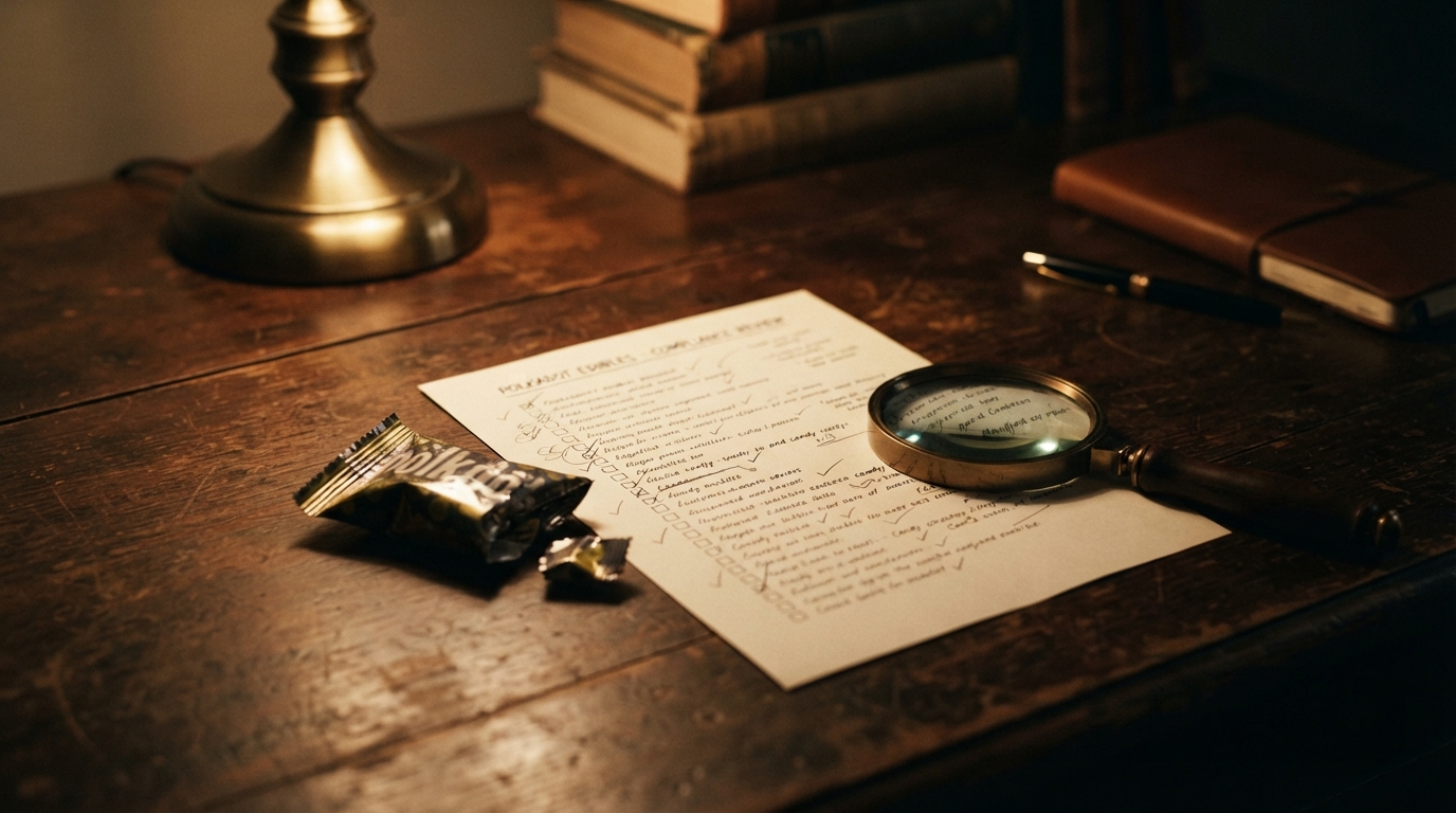 A close-up of a hand-drawn legal checklist, generic candy wrapper, and magnifying glass on a dark wooden desk under warm