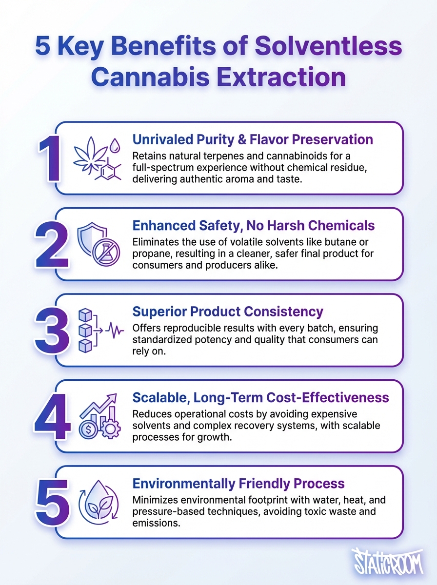 Infographic: 5 key benefits of solventless cannabis extraction — Why Solventless Extraction is the Future of Cannabis.