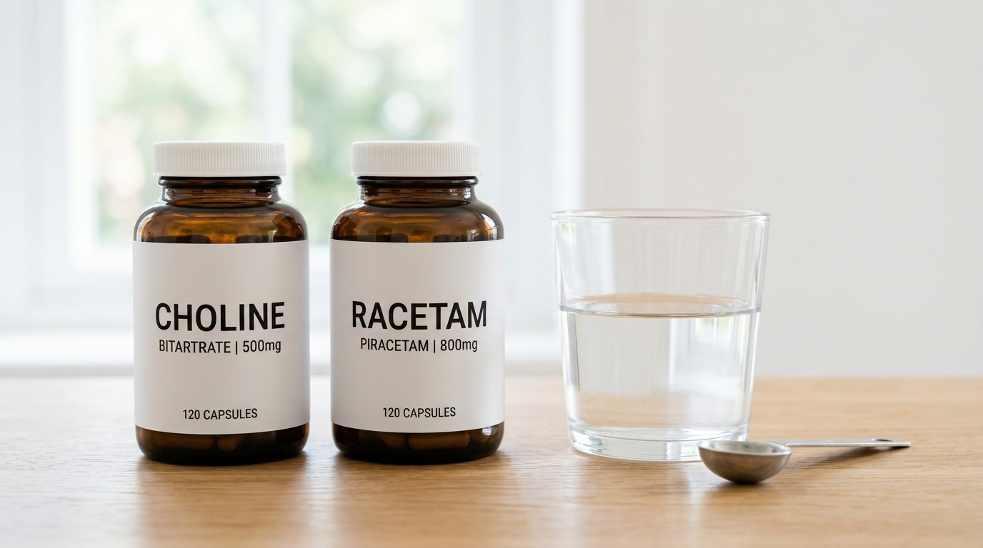 Choline Racetam Synergy infographic showing three key benefits of combining choline and racetams for cognitive enhancement, memory support, and learning optimization