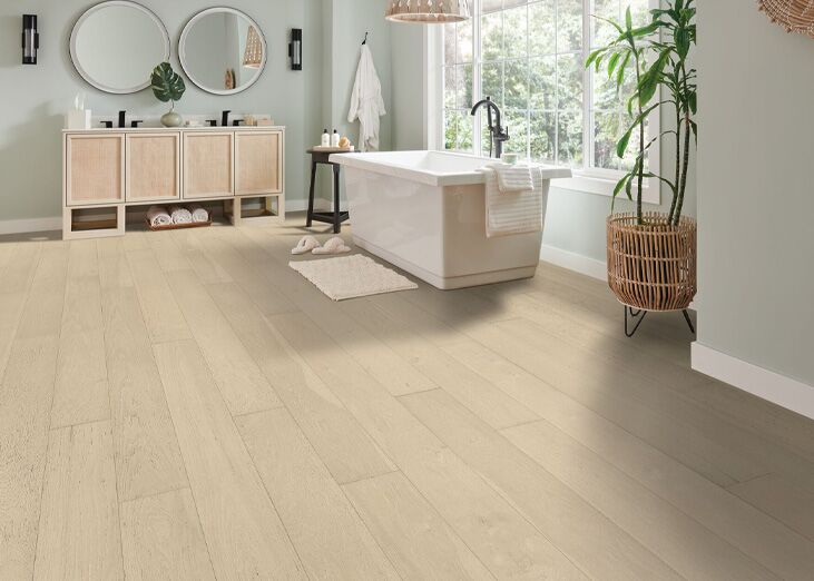 Luxury vinyl plank floor in beautiful bathroom
