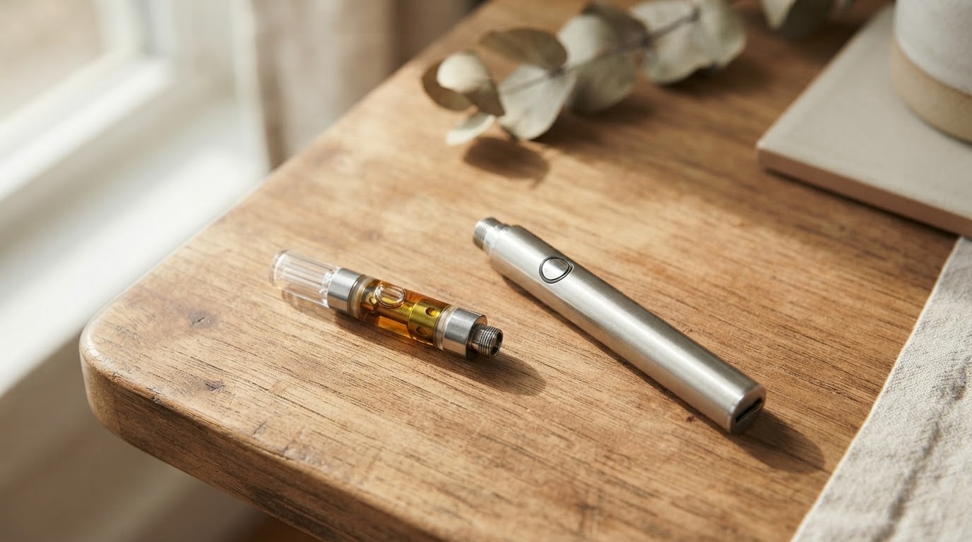 A clear cannabis vape cartridge sits detached beside a slim reusable battery on a sunlit wooden table, photographed from