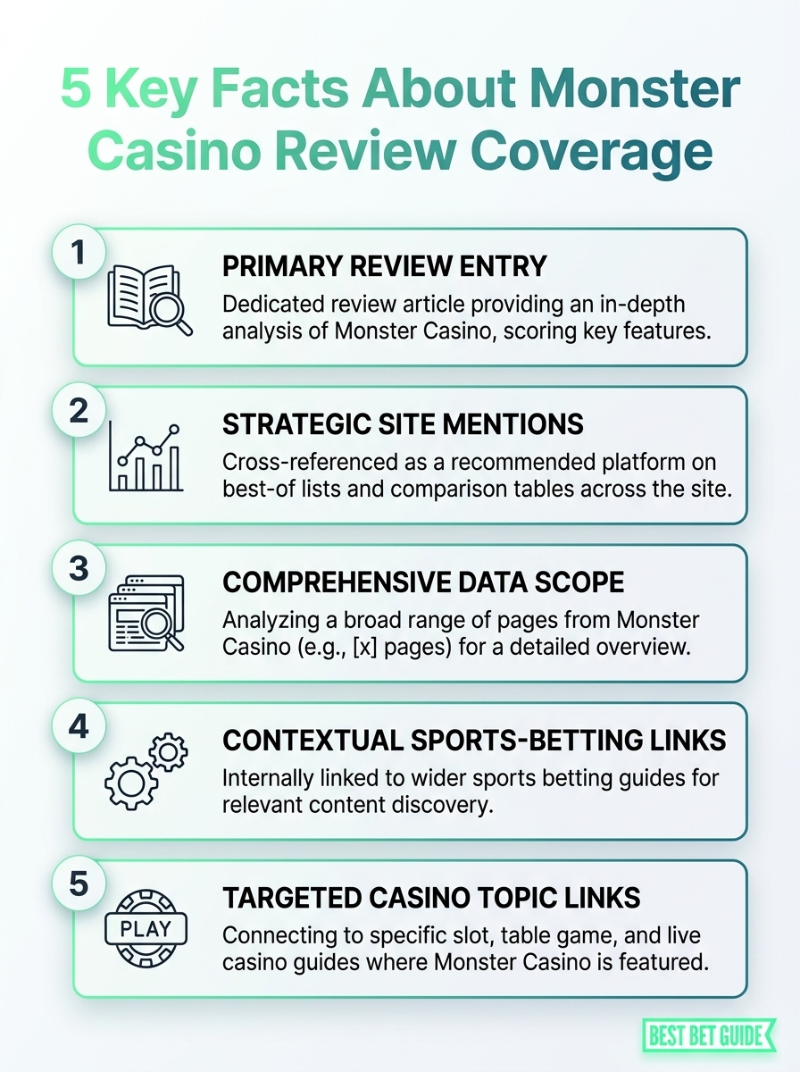 Monster Casino review infographic: five key facts on licensing, bonuses, payout speed and user experience.