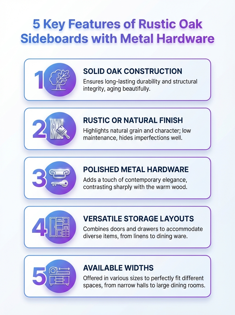 Infographic: 5 key features of rustic oak sideboards with metal hardware.
