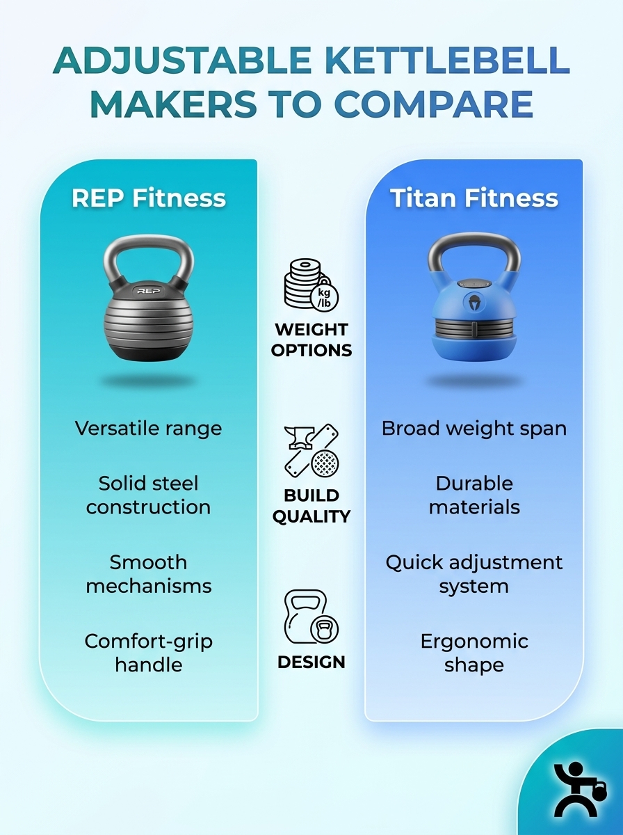 Infographic comparing adjustable kettlebell makers to help identify the best adjustable kettlebell.
