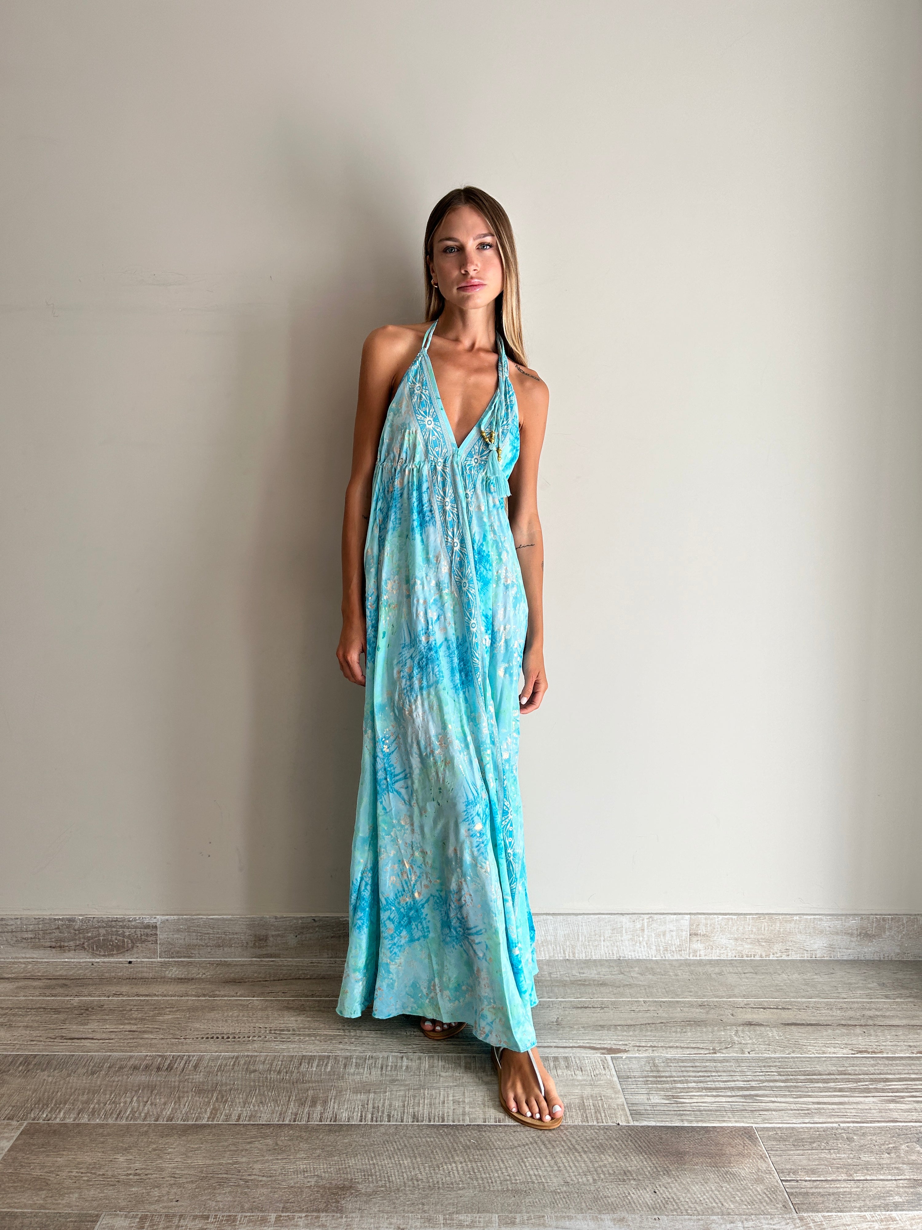 Abito lungo boho in seta Tie Dye Turquoise Freelove Ibiza, tessuto stampa boho