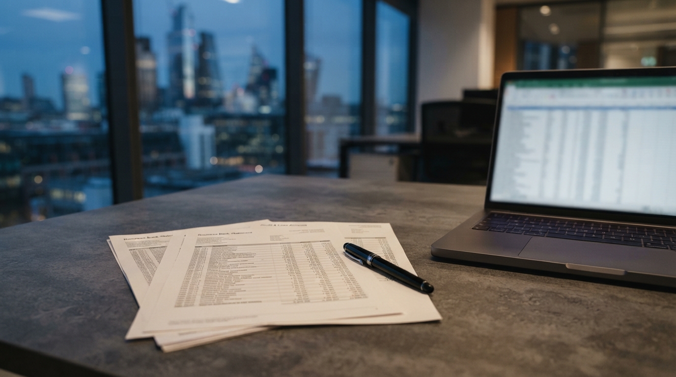 A laptop displaying a generic company accounts spreadsheet beside printed business statements on a clean grey office desk