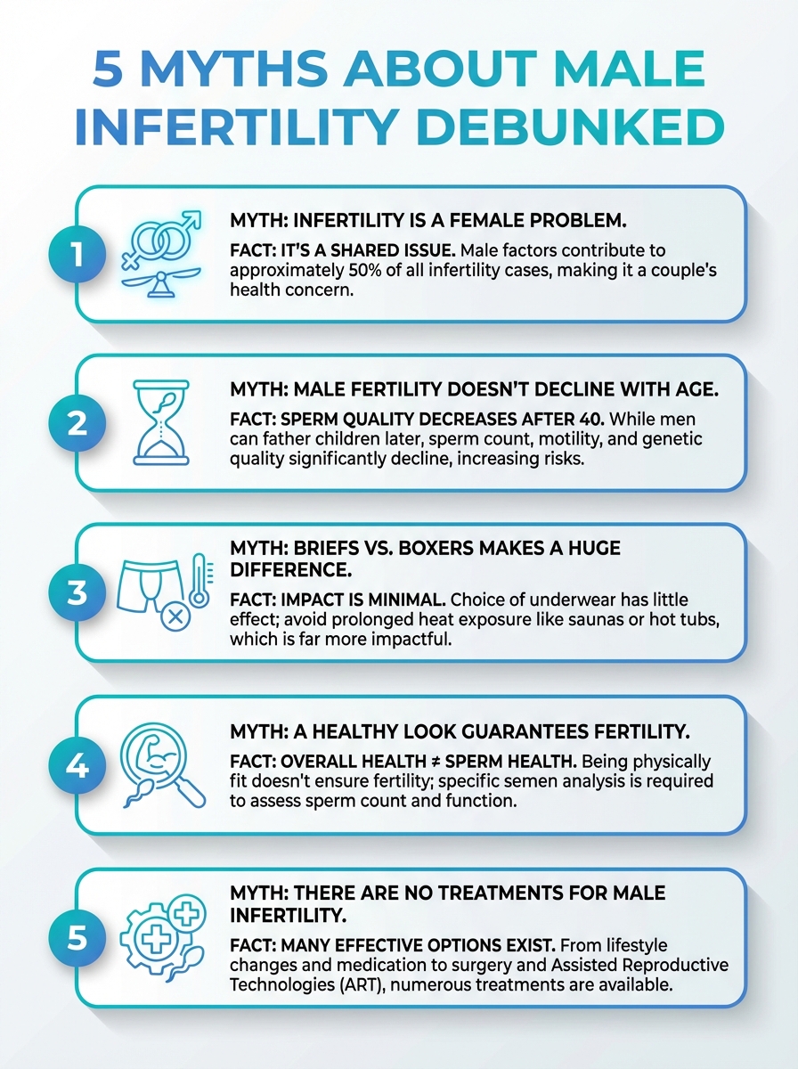 Infographic debunking 5 myths about male infertility and the 'Man-Factor' surge, breaking the taboo.