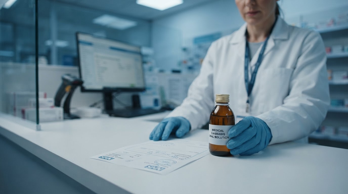 A pharmacist places a prescription cannabis medicine bottle beside a paper prescription on a clean clinical counter, cool