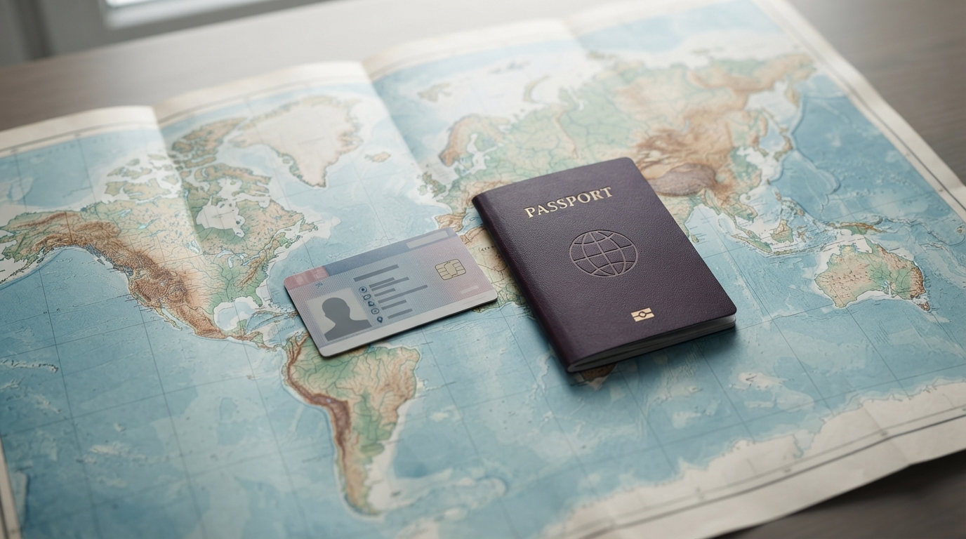 Overhead, an unmarked residence card and generic passport lie side by side on a folded world map under crisp daylight.