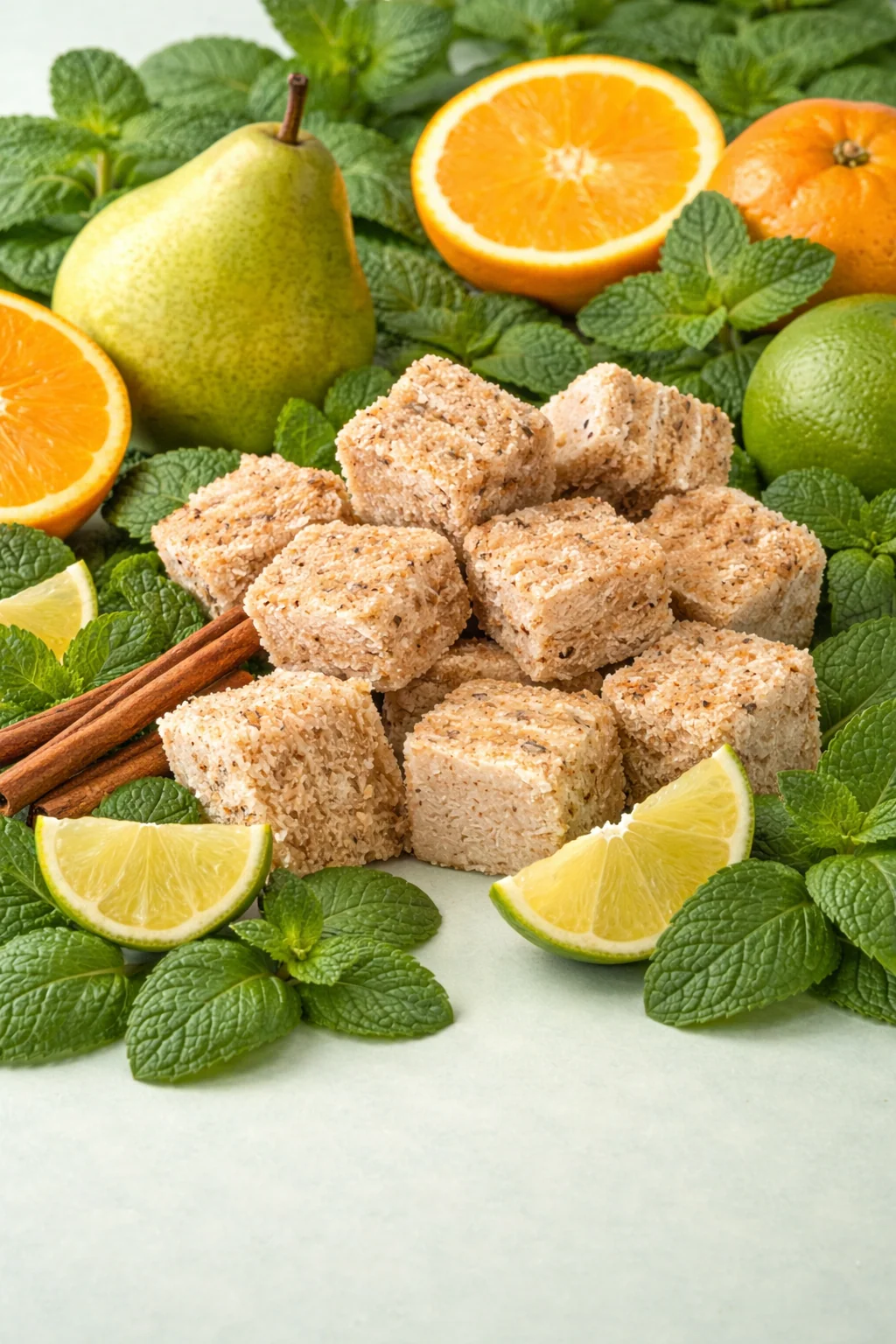 Dried fruit snack pieces arranged with fruit and spices