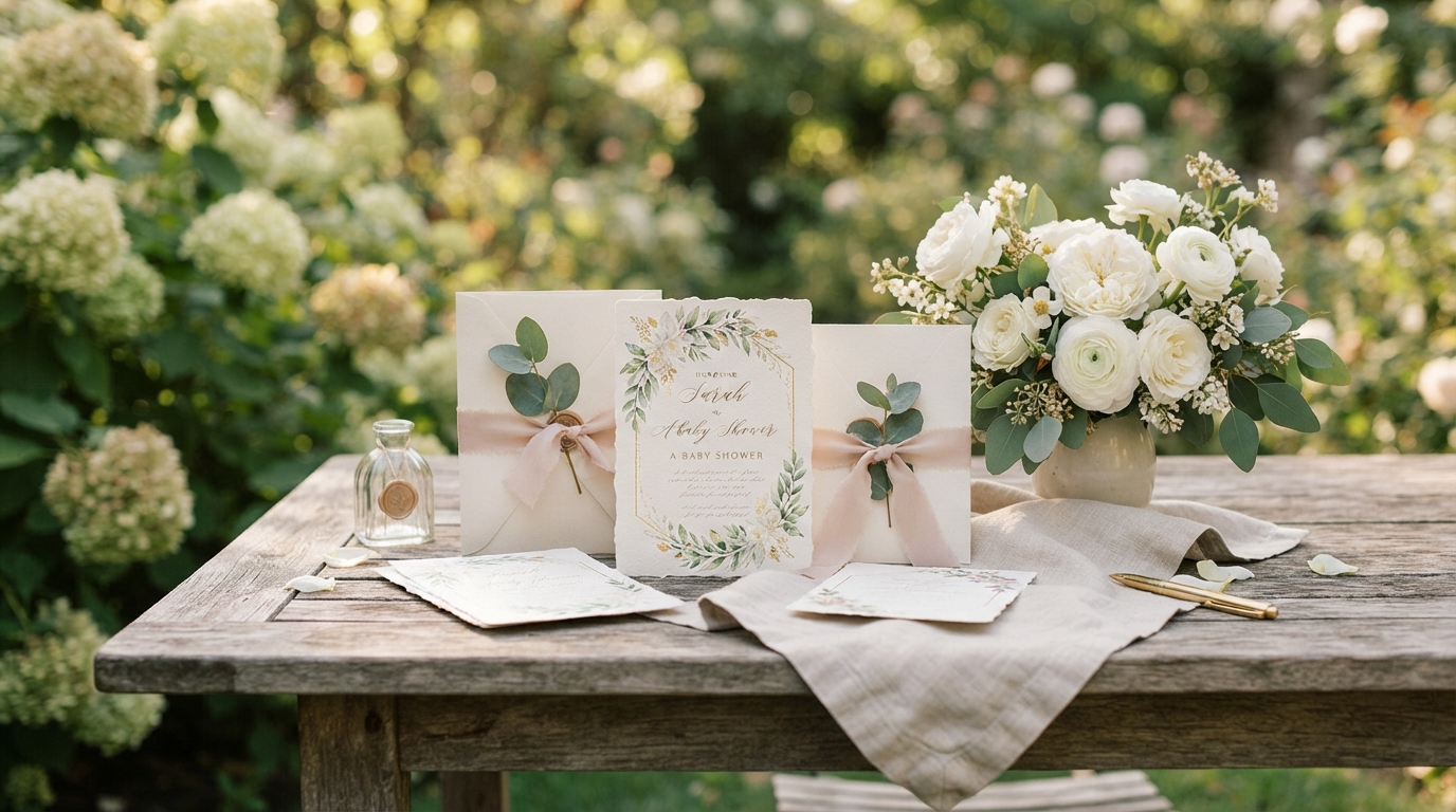 Elegant baby shower invitations with delicate script wording are arranged beside white roses and folded linen on a softly