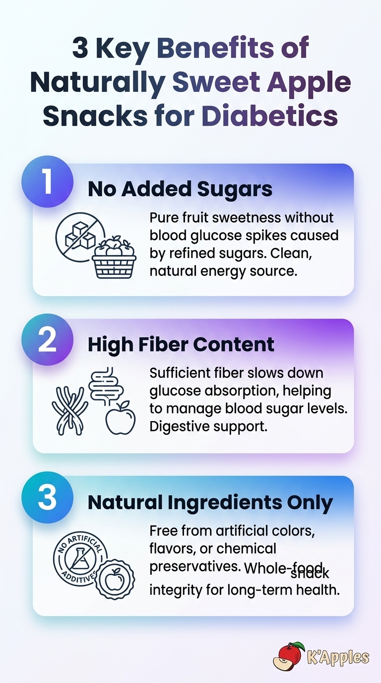 Infographic showing 3 key benefits of naturally sweet apple snacks for diabetics, including blood sugar control and fiber.