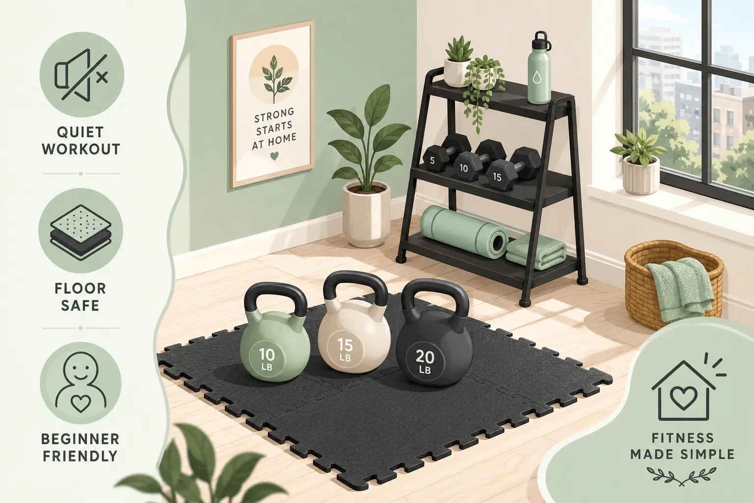 Home gym corner with soft kettlebells