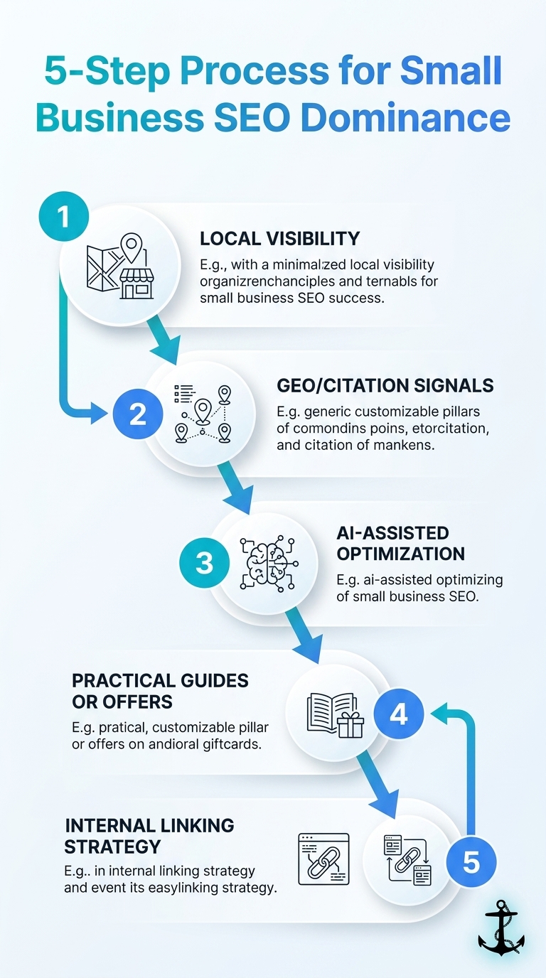 5-step process for Small Business SEO Dominance: keyword research, on-page, technical, content, and off-page SEO.