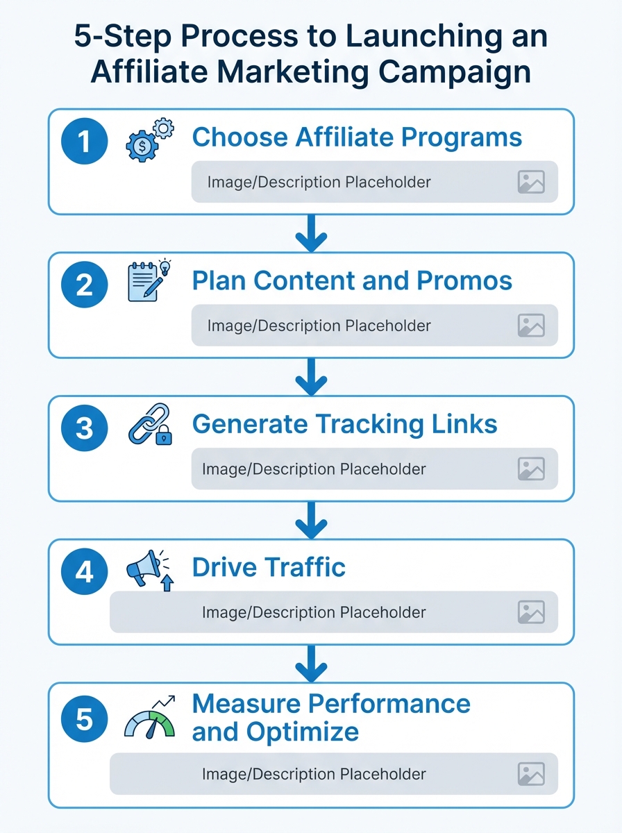 Infographic of the 5-step process to launch an affiliate marketing campaign: strategy, setup, tracking, optimization, scale.