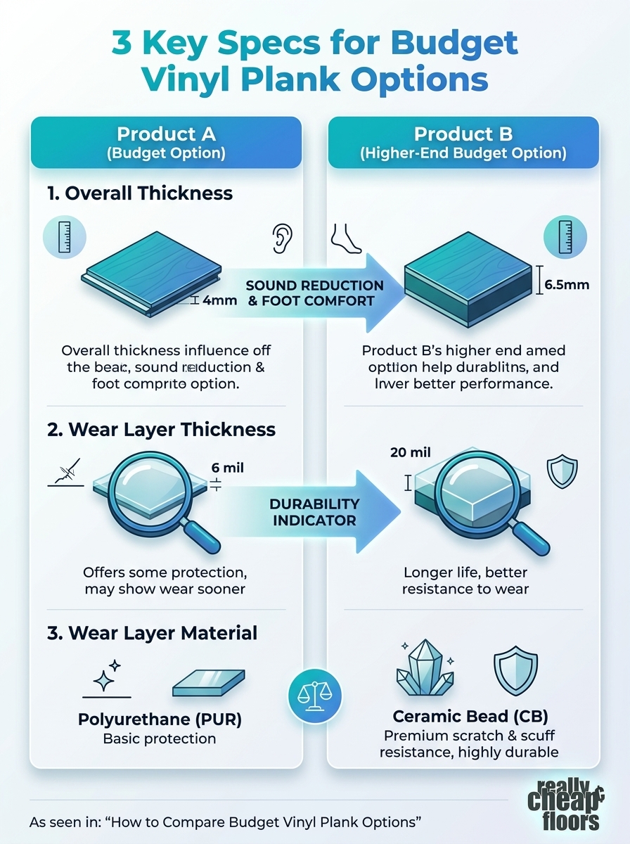 Infographic showing how to compare budget vinyl plank options with 3 key specs: price, wear layer, and thickness.