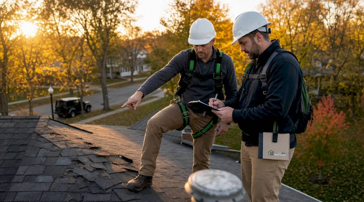 Contractor and adjuster inspecting damaged roof