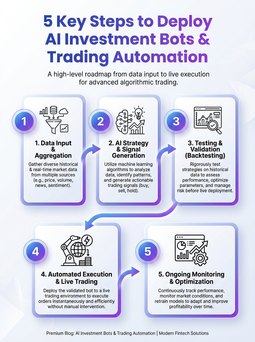 Infographic showing 5 steps to deploy AI investment bots and trading automation: workflow, data feeds, and signals.