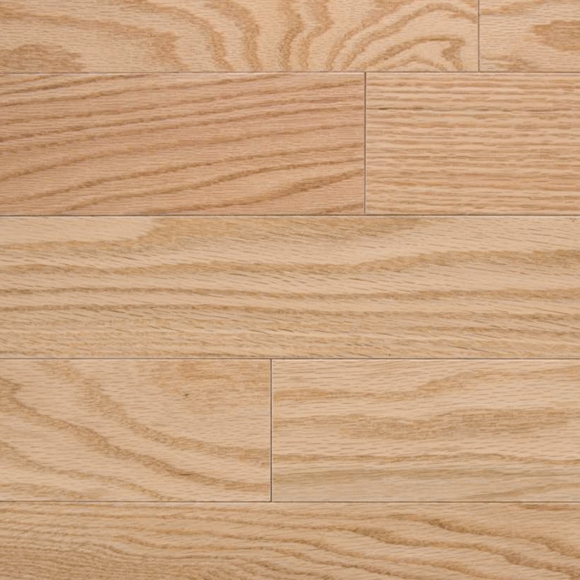 Natural red oak flooring with varied grain patterns