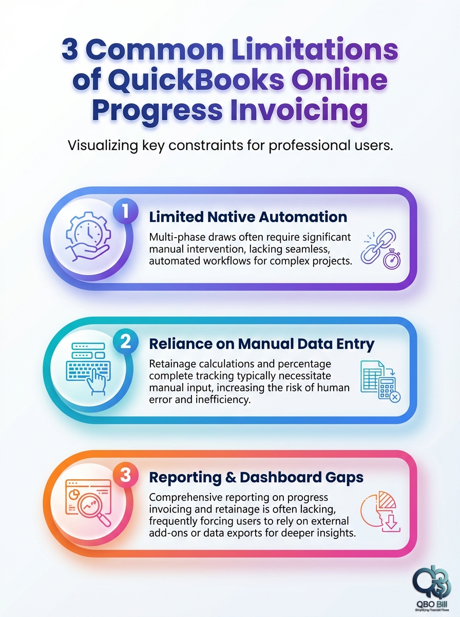 QuickBooks progress invoicing limitations infographic