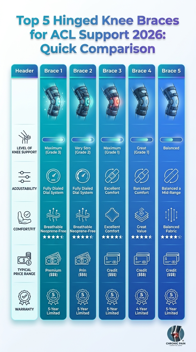 Infographic comparing top 5 hinged knee braces for ACL support 2026: features, sizes, and suitability.
