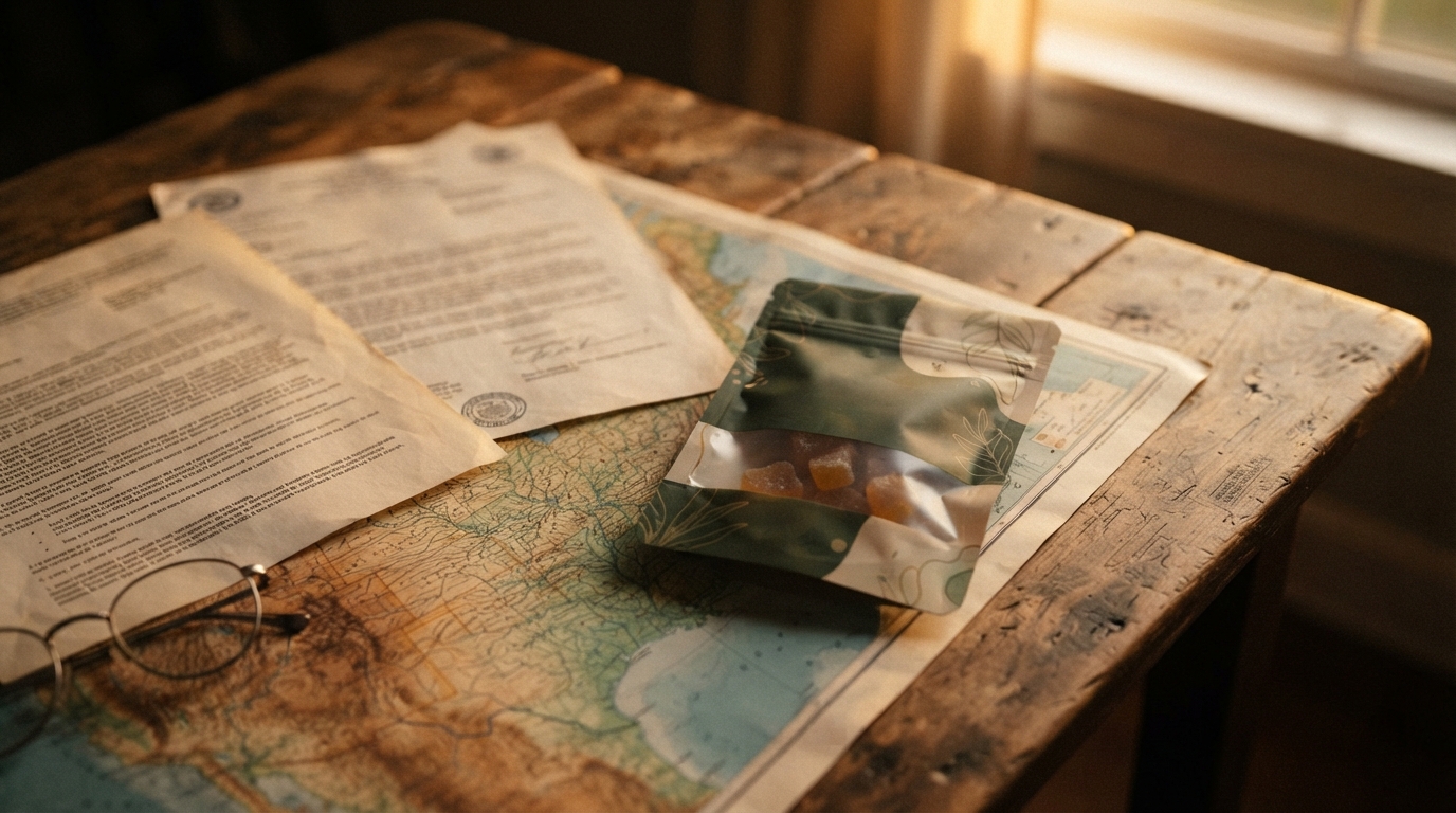 A close-up of a gummy pouch, legal papers, and a regional map spread across a wooden table in warm evening light.