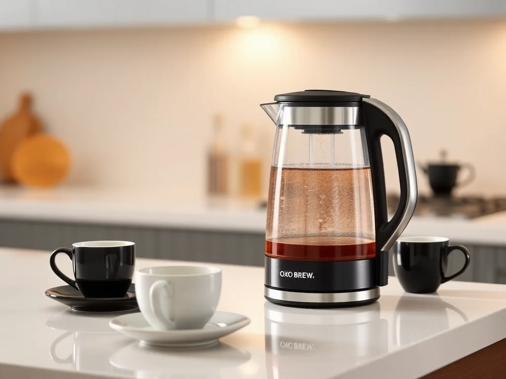 Clear glass kettle displayed beside kitchen cups