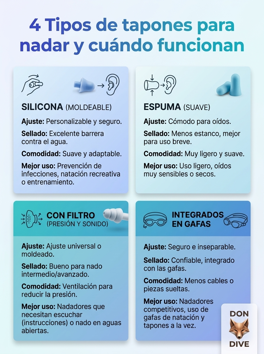 Infografía: 4 tipos de tapones para los oídos para nadar y cuándo funcionan (guía)