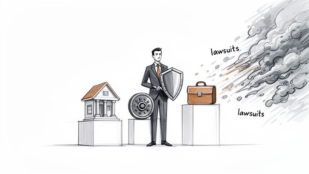 Image 1: A man with a shield protects a house and briefcase from flying lawsuits and debris.