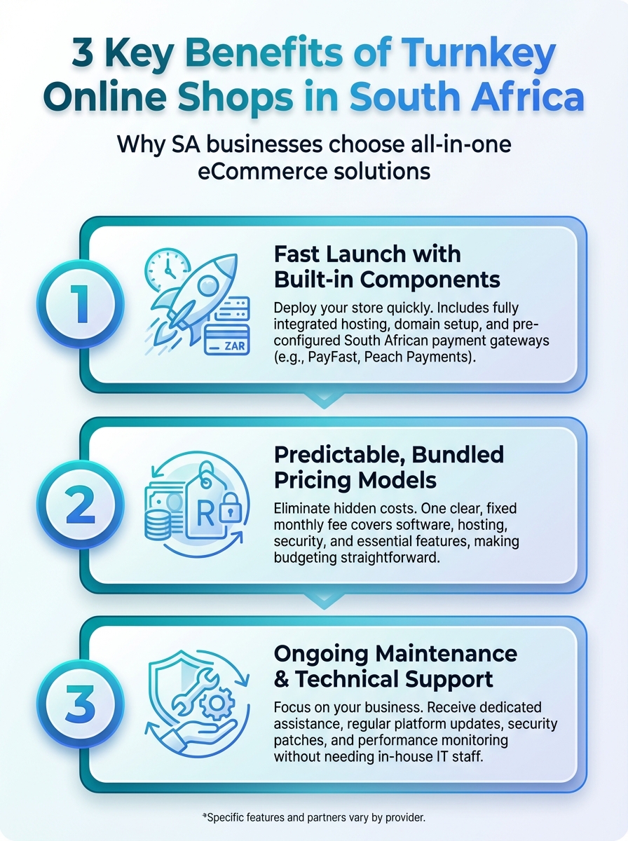 Infographic showing 3 key benefits of turnkey online shops in South Africa (Online Shops in South Africa)
