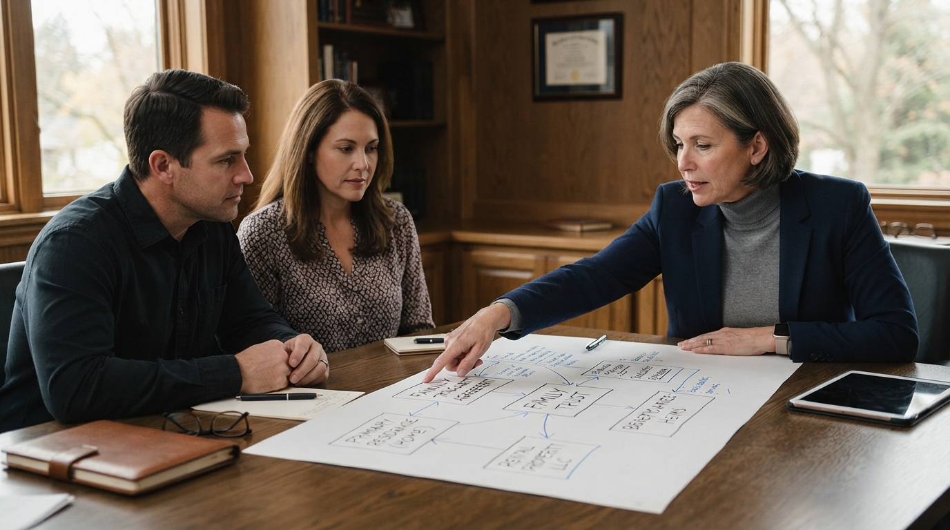 An estate planner points to a hand-drawn ownership chart linking a family home, rental property, and trust documents in a