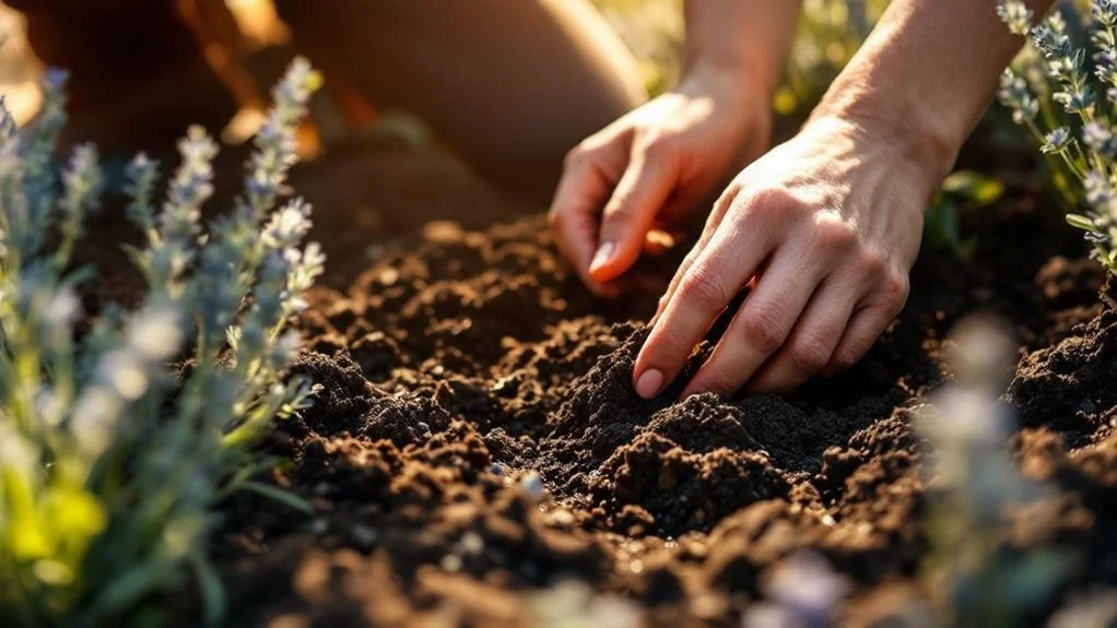 Hands loosen dark brown soil among green plants with small purple flowers in a sunlit garden.