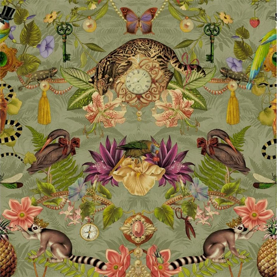 Sage-green ornate wallpaper with symmetrical botanical foliage, flowers, birds, butterflies, a clock, and small animals.