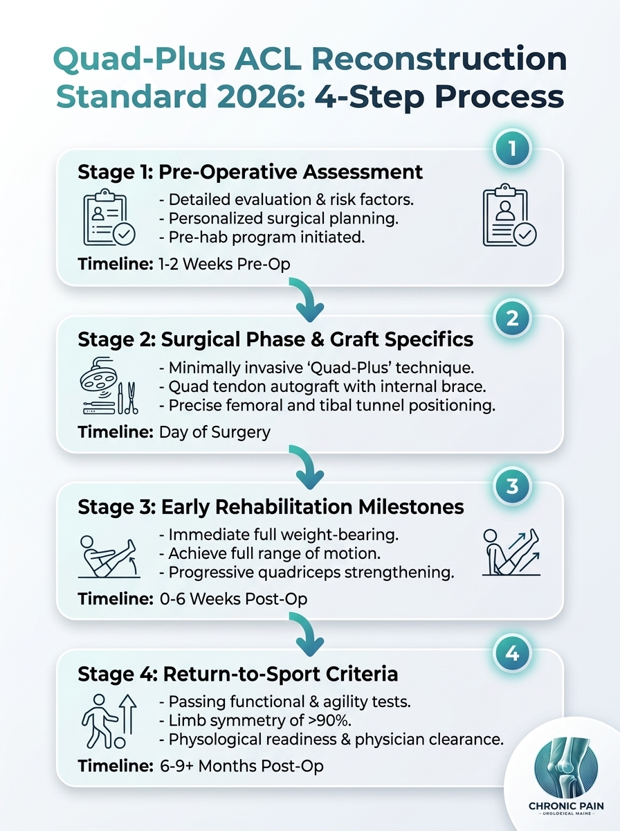 Quad-Plus ACL Reconstruction Standard 2026 — 4-step process infographic