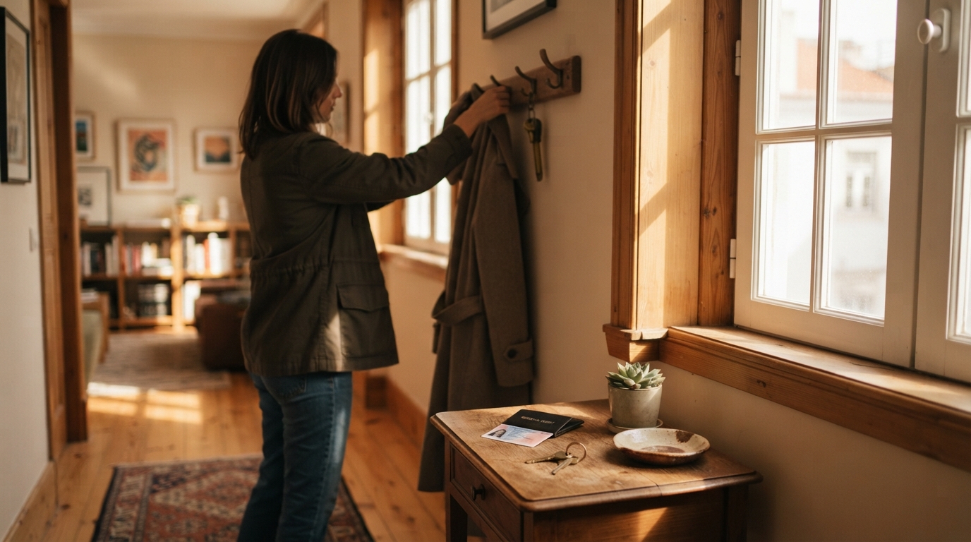 In a sunlit apartment, a resident hangs a coat beside a residence permit and keys resting on a small entry table.