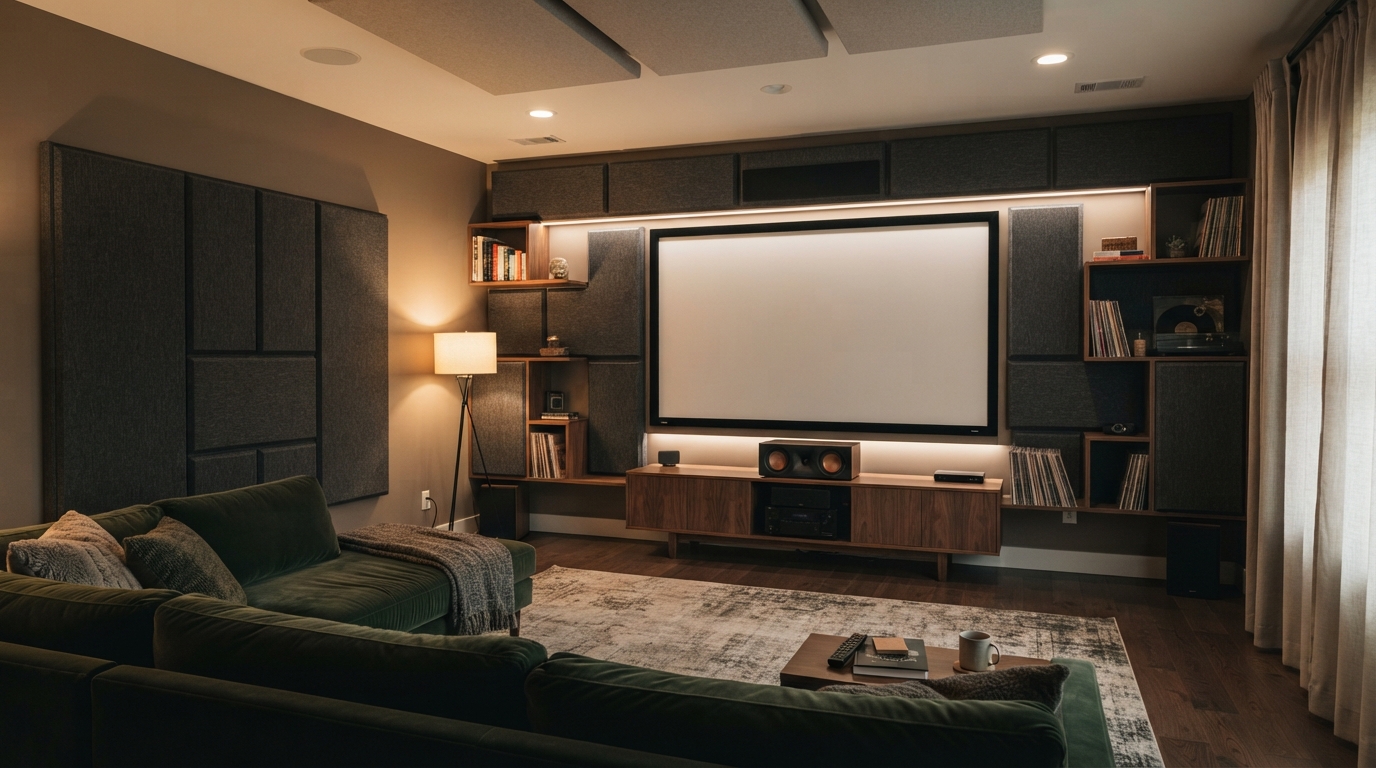 Close-up of acoustic panel core construction showing mineral wool substrate beneath tensioned fabric facing