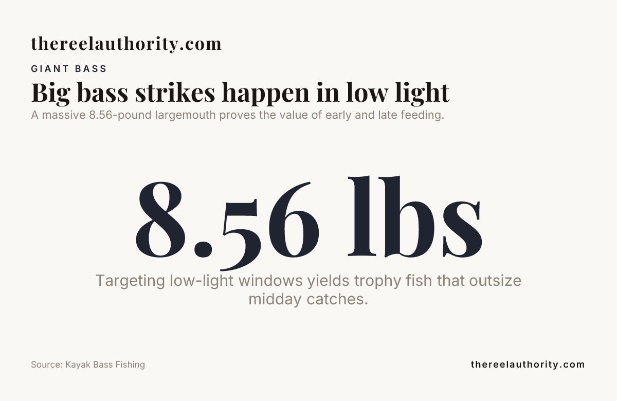 Big bass strikes happen in low light — data from Kayak Bass Fishing