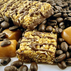 No Nuts! Caramel Mocha bar close-up - rich caramel and coffee flavor, nut-free snack