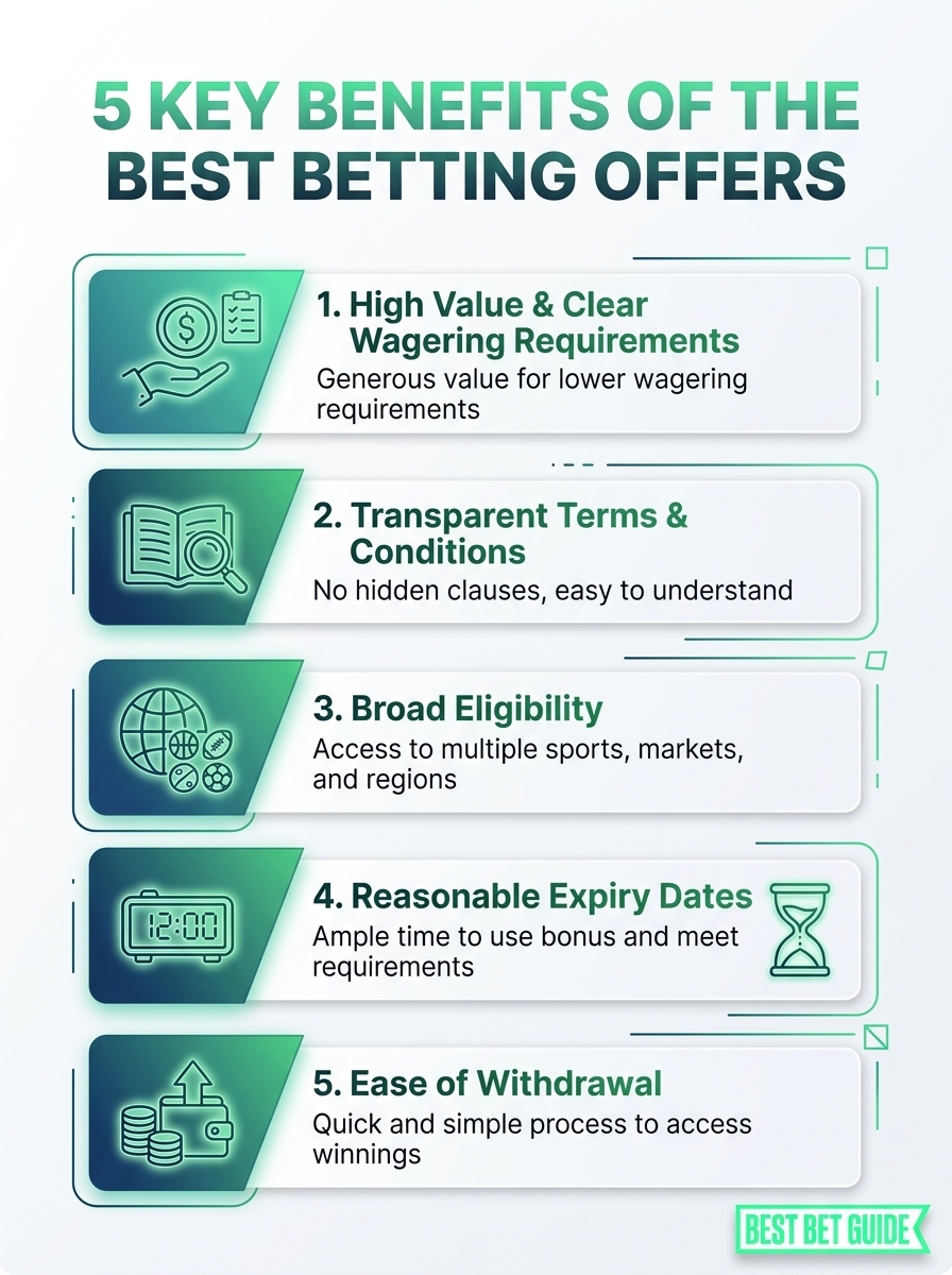 Infographic: 5 key benefits of the best betting offers, covering bonuses, value, odds, terms, and reliability.