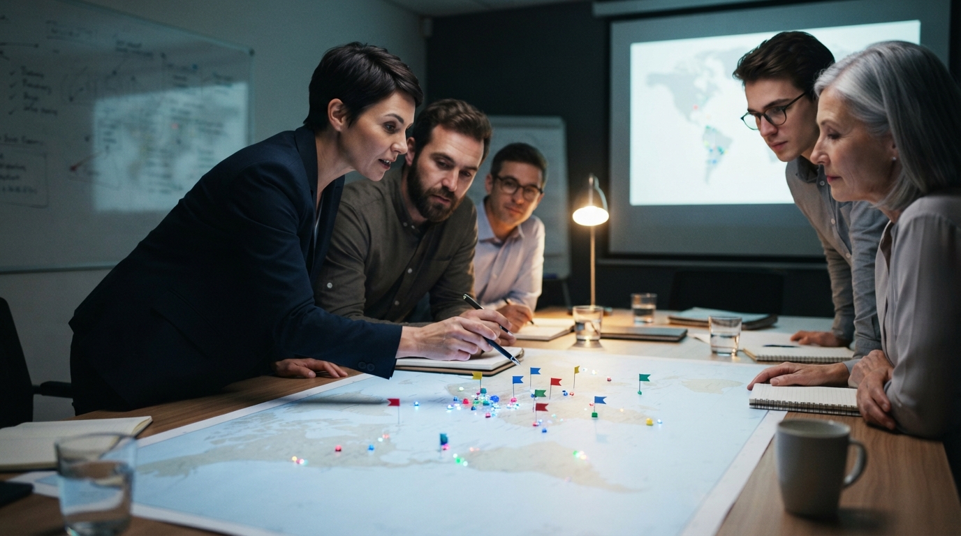 An advertising team discusses gambling ad approvals around a table, comparing a world map with colorful jurisdiction markers