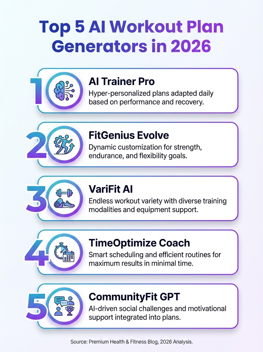 Comparison of Top 5 AI workout plan generators in 2026: features, pricing, and suitability.