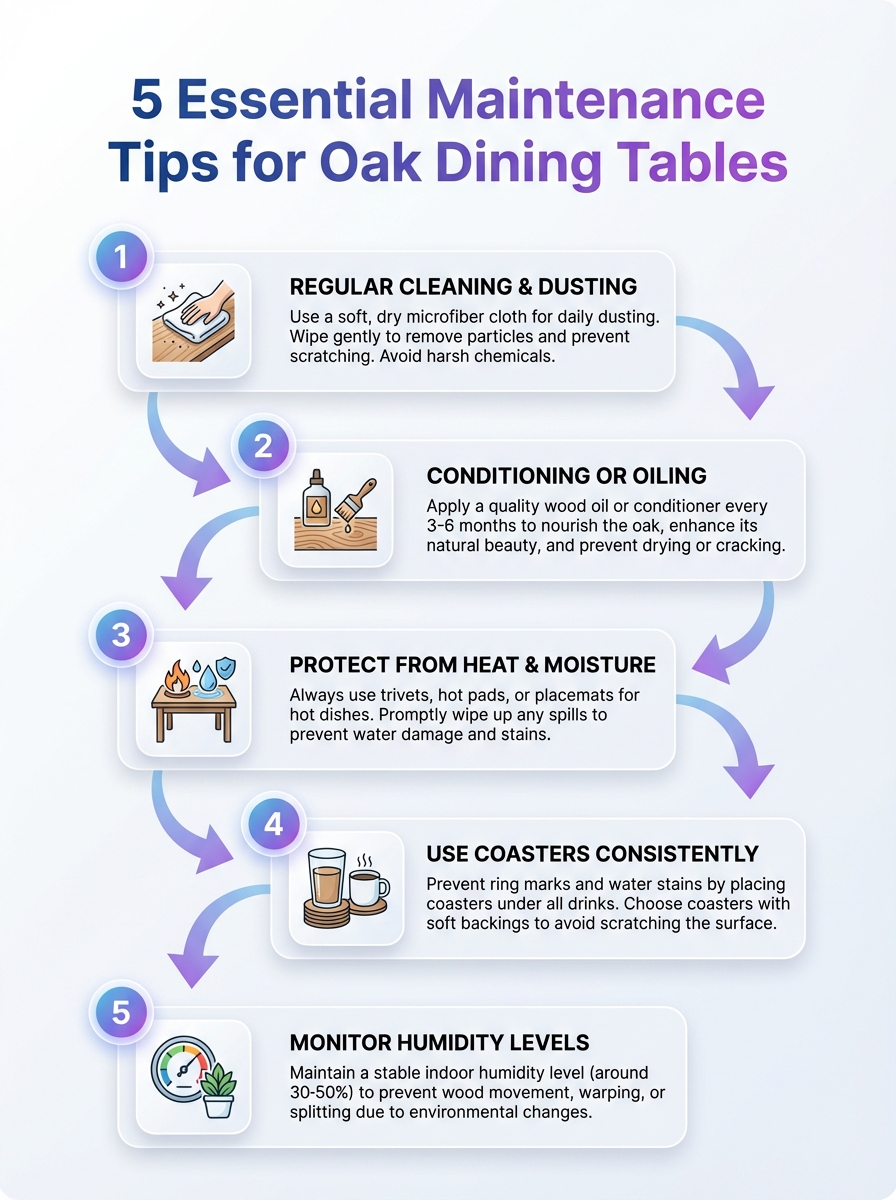 Infographic showing 5 essential maintenance tips for oak dining tables, including cleaning, finishing, and protection tips.