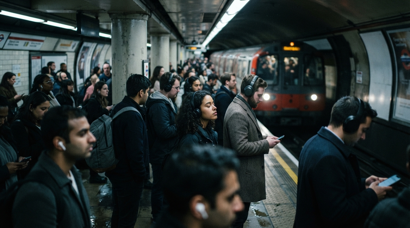 A packed subway platform shows commuters listening to podcasts on headphones, their faces lit by cool train-station lights