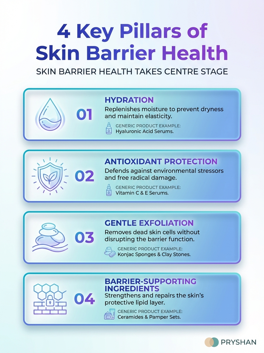 Infographic: 4 key pillars of Skin barrier health takes centre stage - moisture, lipids, microbiome balance, protection.
